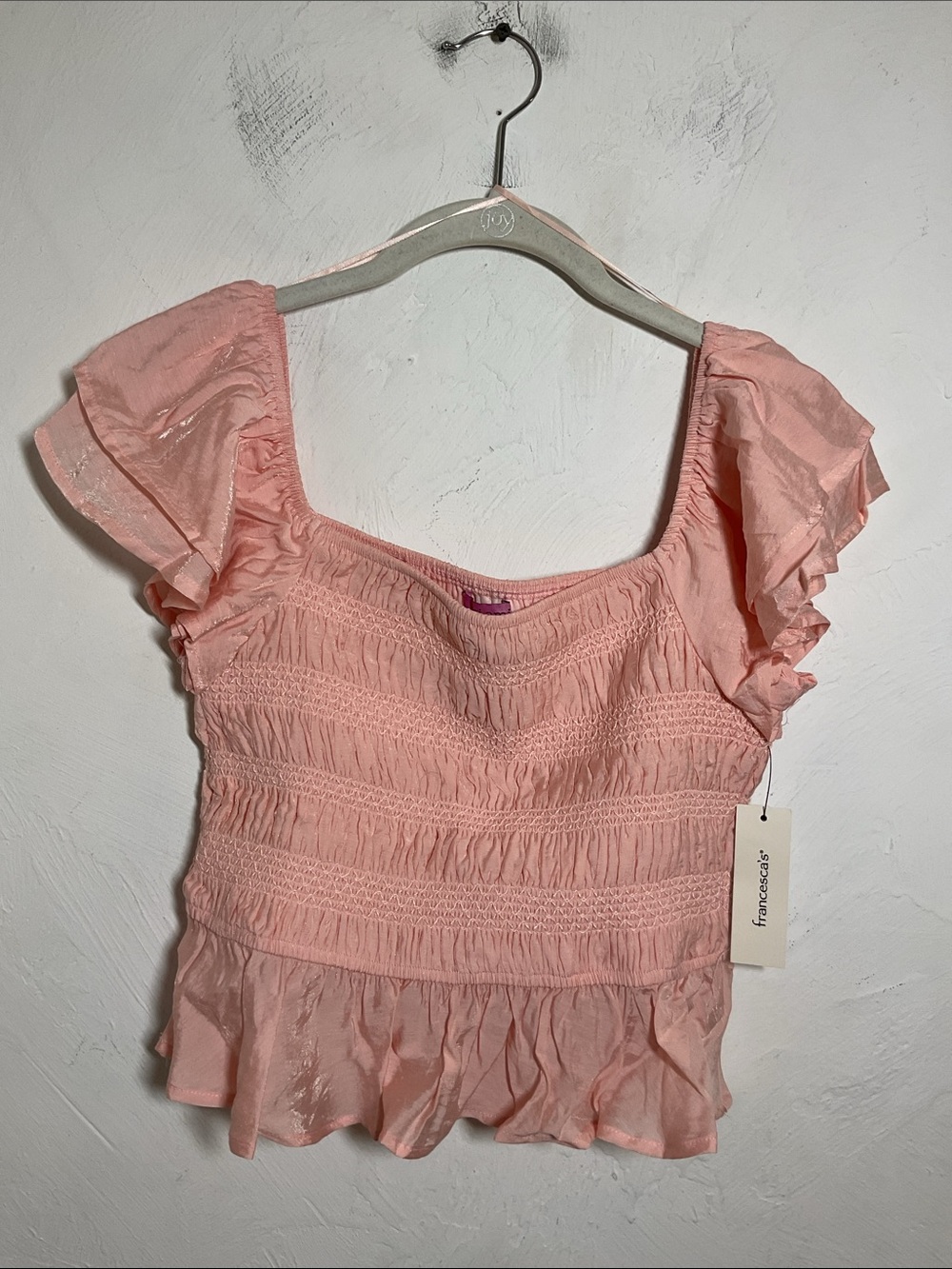 Francesca’s Mi Ami Pink Smocked Flutter Sleeve Peplum Top Size M NWT